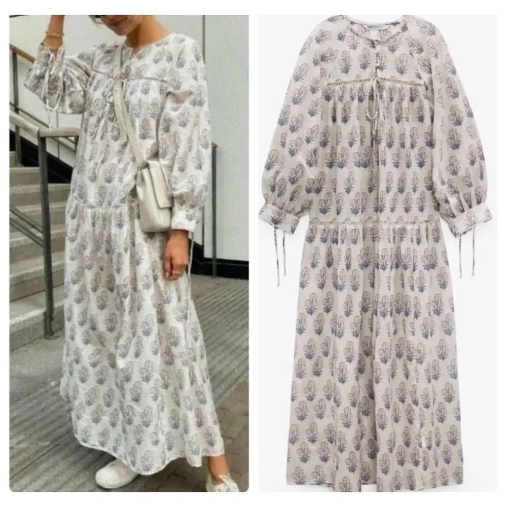 Zara Women's White Tiered Floral Block Print Cottage Core Maxi Dress Size XS